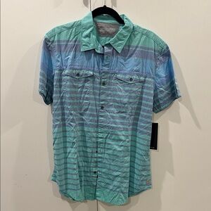 NWT 100% Cotton Men's Short Sleeve Striped Button-Up Shirt - Teal Blue